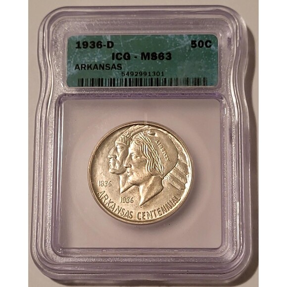 1936 D Arkansas Centennial Commemorative Silver Half Dollar MS63 ICG - Picture 1 of 4